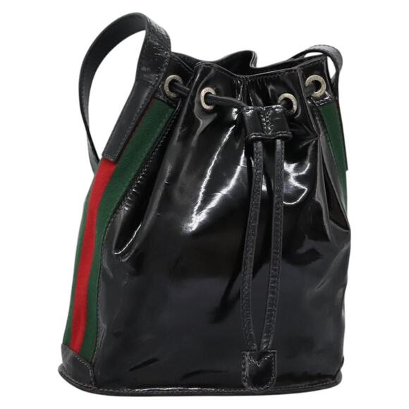 GUCCI Web Sherry Line Shoulder Bag Patent Leather Black Green Red - Picture 1 of 16